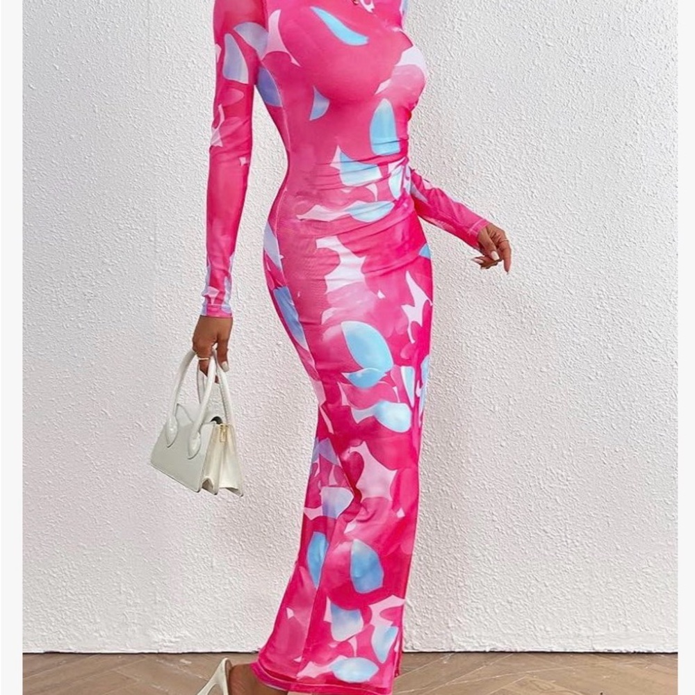 Pink & Blue Long Sleeve Bodycon Maxi Dress - Picture 4 of 9
